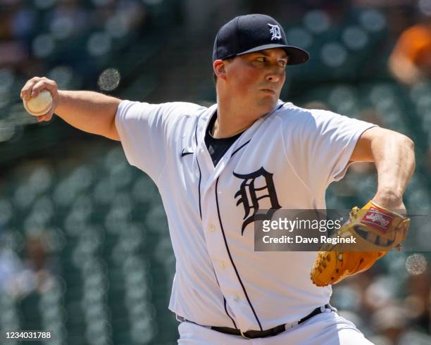 Kyle Funkhouser of the Detroit Tigers pitches in the sixth inning against the Minnesota Twins during game one of a double header at Comerica Park on...