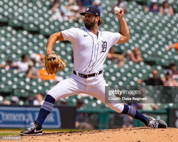 Daniel Norris of the Detroit Tigers \pitches in the fifth inning against the Minnesota Twins during game one of a double header at Comerica Park on...