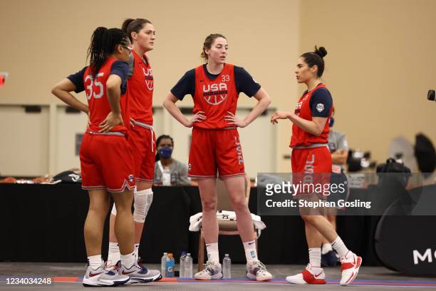 Allisha Gray, Stefanie Dolson, Katie Lou Samuelson and Kelsey Plum of the USA Women's National 3x3 Team talk during USAB Womens 3x3 National Team...