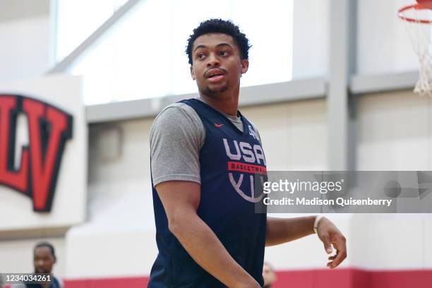 Keldon Johnson of the USA Men's National Team looks on during USAB Mens National Team practice at the Mendenhall Center on July 16, 2021 in Las...