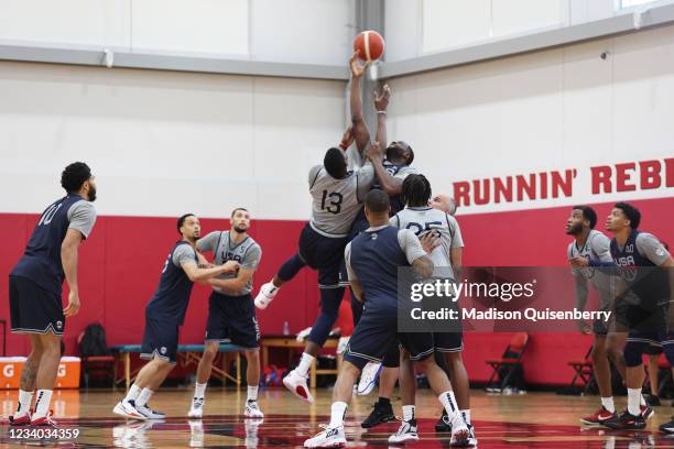 Bam Adebayo and Draymond Green of the USA Men's National Team reach for a jump ball during USAB Mens National Team practice at the Mendenhall Center...