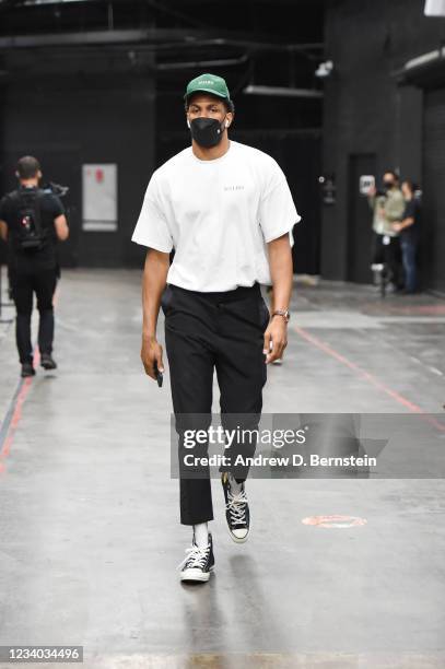 Axel Toupane of the Milwaukee Bucks arrives to the arena before the game against the Phoenix Suns during Game Five of the 2021 NBA Finals on July 17,...