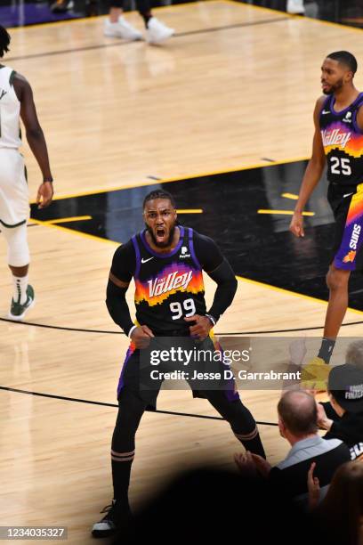 Jae Crowder of the Phoenix Suns reacts during Game Five of the 2021 NBA Finals on July 17, 2021 at Footprint Center in Phoenix, Arizona. NOTE TO...