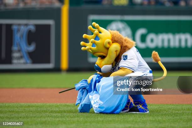 Kansas City Royals mascot Slugger knees on the field between innings against the Baltimore Orioles on July 17th, 2021 at Kauffman Stadium in Kansas...