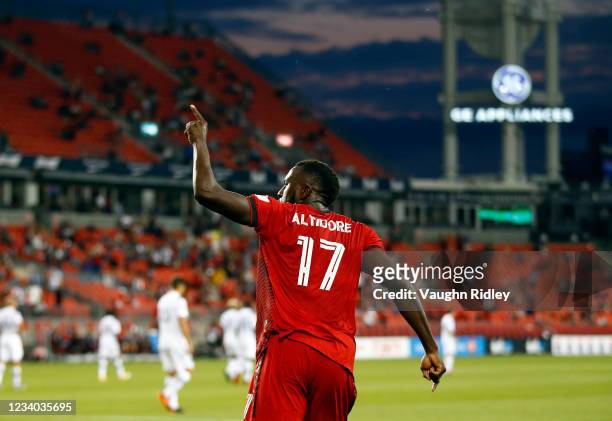 Jozy Altidore of Toronto FC celebrates his goal during the second half of an MLS game against Orlando City SC at BMO Field on July 17, 2021 in...