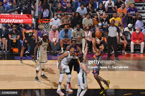 Cameron Payne of the Phoenix Suns shoots the ball against the Milwaukee Bucks during Game Five of the 2021 NBA Finals on July 17, 2021 at Footprint...