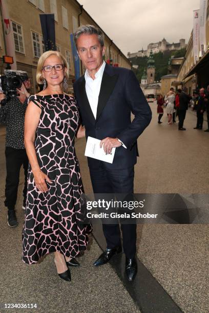 Johanna Mikl-Leitner, and Alfons Haider during the "Jedermann" premiere and opening of the Salzburg Opera Festival 2021 at grosses Festspielhaus on...