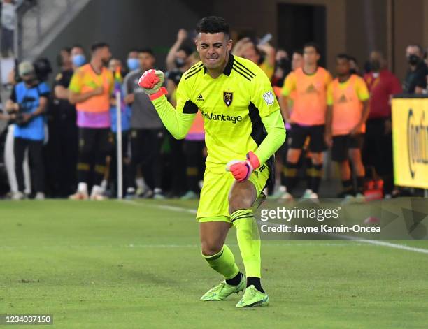 David Ochoa of Real Salt Lake celebrates after blocking a penalty shot by Carlos Vela of Los Angeles FC in the second half of the game at Banc of...