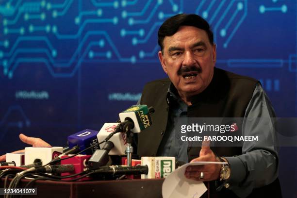 Pakistan's Interior Minister Sheikh Rashid speaks during a press conference on the brief abduction of the daughter of Afghan ambassador to Pakistan,...