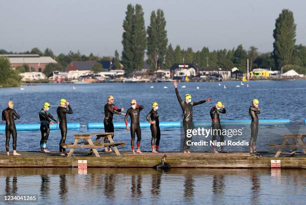 Athletes prepare for the swim start of Ironman 70.3 Staffordshire on July 18, 2021 in Burntwood, England.