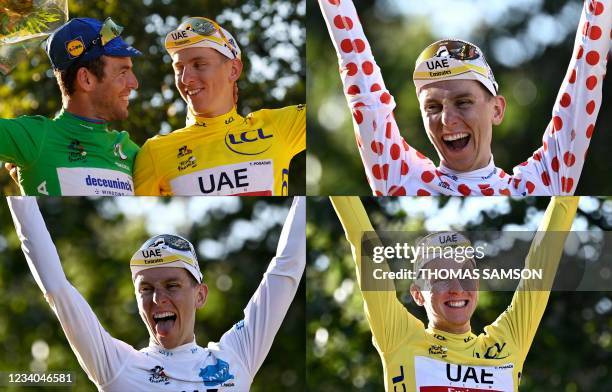 In this combination of pictures created on July 18 Team UAE Emirates' Tadej Pogacar of Slovenia celebrates his overall leader yellow jersey and Team...