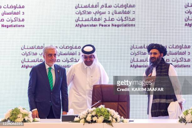 The head of Afghanistan's High Council for National Reconciliation Abdullah Abdullah, Qatar's envoy on counter-terrorism Mutlaq al-Qahtani, and the...