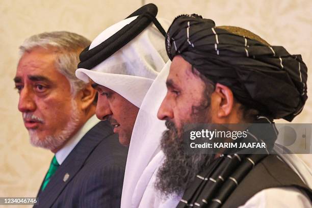 The head of Afghanistan's High Council for National Reconciliation Abdullah Abdullah, Qatar's envoy on counter-terrorism Mutlaq al-Qahtani, and the...