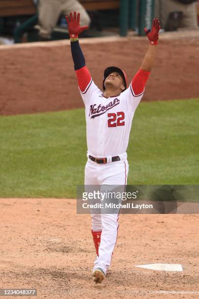 Juan Soto of the Washington Nationals celebrates a two-run home run in the eighth inning during a baseball game against the San Diego Padres at...