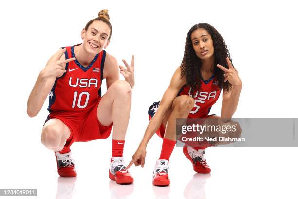 Breanna Stewart and Skylar Diggins-Smith of the USA Women's National Team pose for a portrait during USAB Womens National Team portraits at the ARIA...