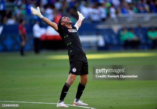 Goalkeeper Jesús Corona of Cruz Azul celebrates a goal scored by teammate Jonathan Rodríguez during a match between Cruz Azul and Leon as part of the...