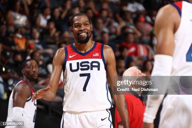 Kevin Durant of the USA Men's National Team smiles during the game against the Spain Men's National Team on July 18, 2021 at Michelob ULTRA Arena in...