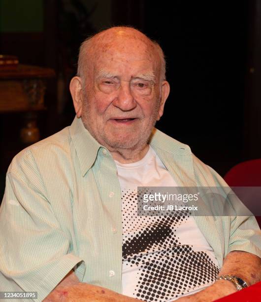 Ed Asner attends a staged reading of the new play, "Another Gin Game" held at Theatre 40 at Beverly Hills High School on July 18, 2021 in Beverly...