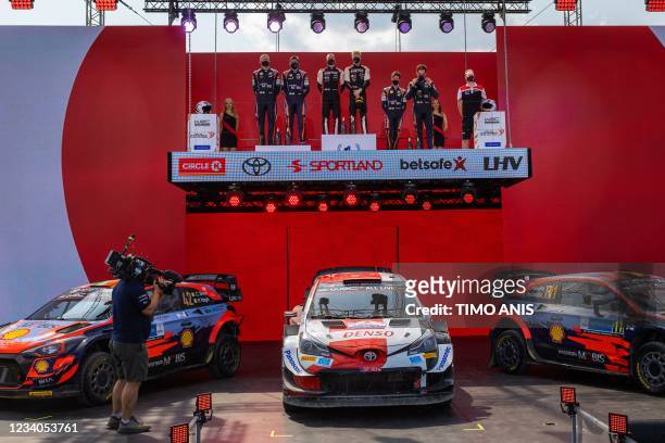 Second placed Ireland's driver Craig Breen and Ireland's co-driver Paul Nagle , winners Finland's driver Kalle Rovanpera and Finland's co-driver...