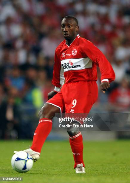 Jimmy Floyd Hasselbaink of Middlesbrough in action during the UEFA Cup final match between Middlesbrough and Sevilla at the Philips Stadion on May...