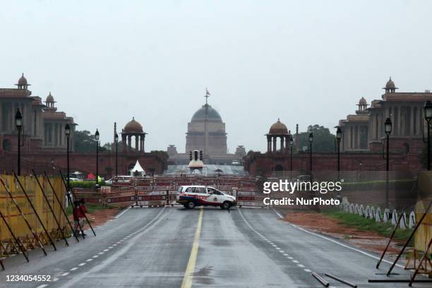 View of the India's Presidential Palace 'Rashtrapati Bhavan' amid the ongoing Central Vista redevelopment project, during a light spell of rain at...