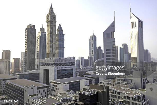 The Gate building, centre left, in the Dubai International Financial Centre in Dubai, United Arab Emirates, on Monday, July 5, 2021. Credit Suisse AG...