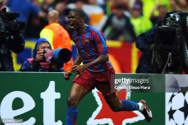 Samuel Eto'o of Barcelona celebrates scoring his side's first goal during the UEFA Champions League final match between Barcelona and Arsenal at the...