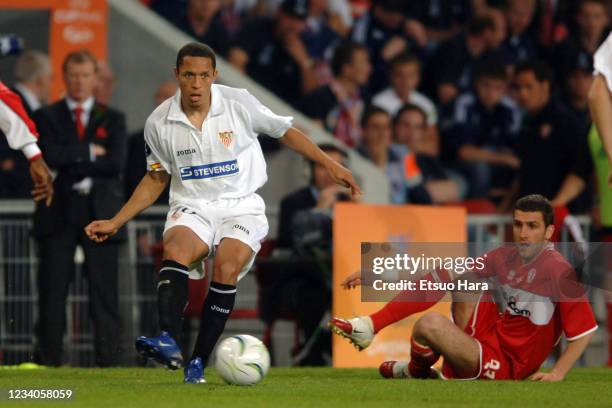 Luis Fabiano of Sevilla in action during the UEFA Cup final match between Middlesbrough and Sevilla at the Philips Stadion on May 10, 2006 in...