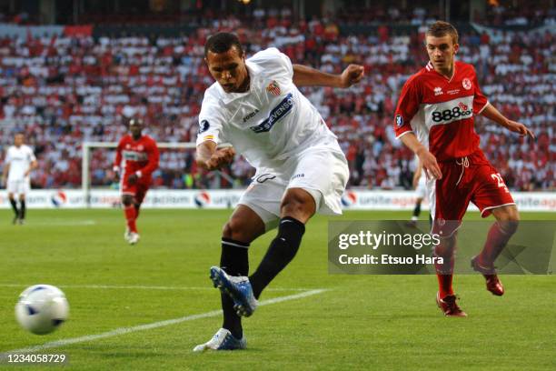 Luis Fabiano of Sevilla in action during the UEFA Cup final match between Middlesbrough and Sevilla at the Philips Stadion on May 10, 2006 in...
