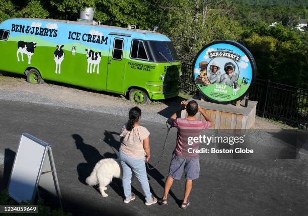 Waterbury, VT A family enjoys the visitor attractions at Ben & Jerrys factory in Waterbury, Vermont on June 24, 2021.