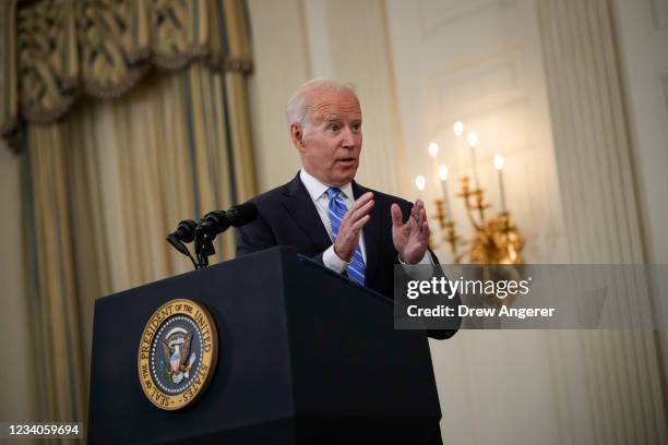 President Joe Biden speaks about the nation's economic recovery amid the COVID-19 pandemic in the State Dining Room of the White House on July 19,...