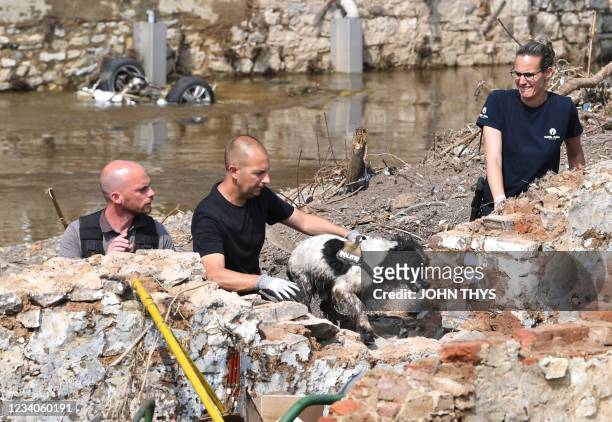 Members of the Belgium Federal Police search for bodies in the rubble in Pepinster, near Liege, on July 19 following heavy rains and flooding across...