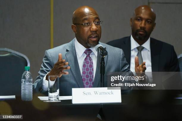 Sen. Raphael Warnock speaks during a U.S. Senate Rules Committee Georgia Field Hearing on the right to vote at the National Center for Civil and...