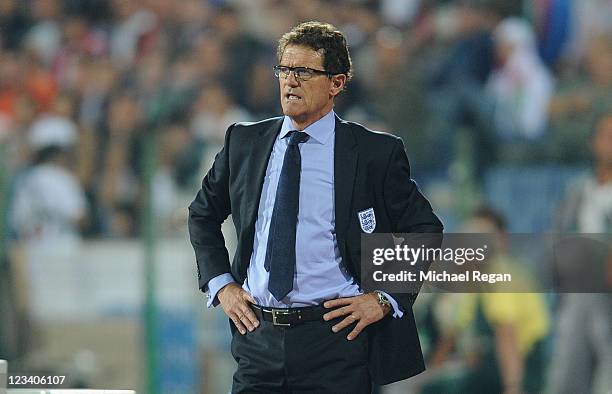 England manager Fabio Capello looks on during the EURO 2012 group G qualifying match between Bulgaria and England at the Vasil Levski National...