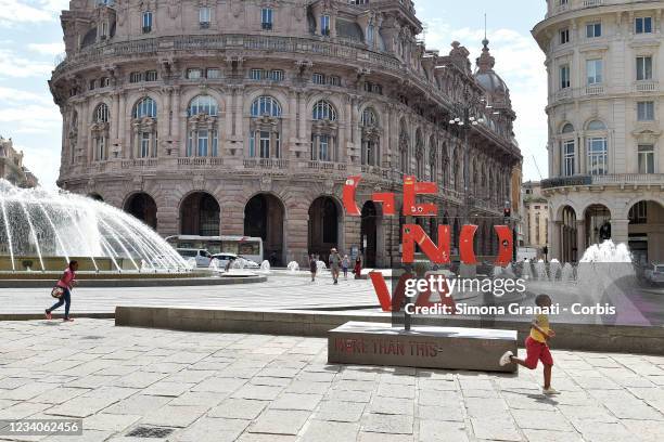 View of Piazza Raffaele de Ferrari, Genoa's main square. On July 19, 2021 in Genoa, Italy.Initiatives and events for the twentieth anniversary of the...