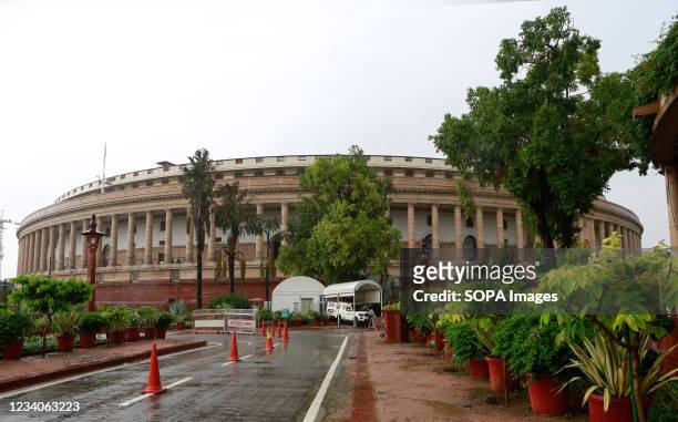 General view of the Indian Parliament building on the opening day of the Monsoon session.