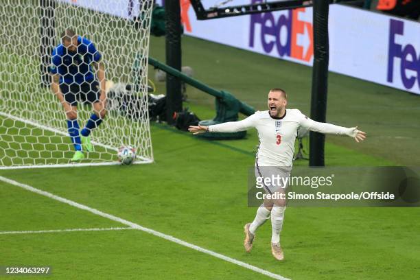 Luke Shaw of England celebrates after scoring their 1st goal during the UEFA Euro 2020 Championship Final between Italy and England at Wembley...