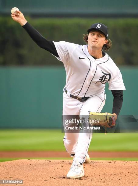 Casey Mize of the Detroit Tigers delivers a pitch against the Texas Rangers during the top of the first inning at Comerica Park on July 19, 2021 in...