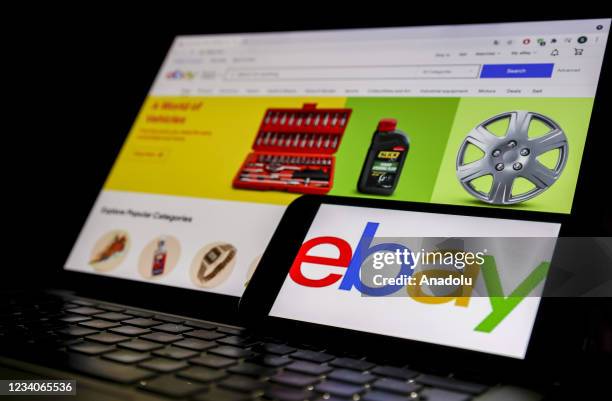 The logo of "eBay" is displayed on a smartphone and the logo of "eBay" is displayed on a screen in Ankara, Turkey on July 19, 2021.