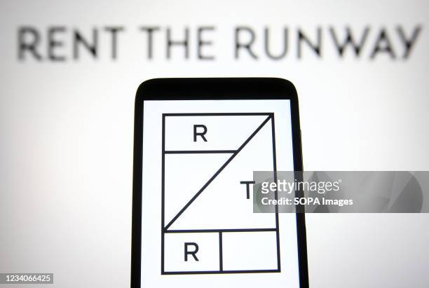 In this photo illustration a Rent the Runway logo is seen on a smartphone and a pc screen.