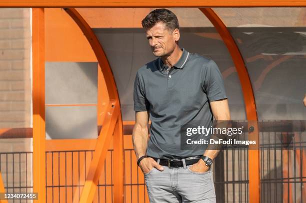 Head coach Wim Jonk of Volendam looks on during the Pre-Season Friendly match between FC Volendam and Heracles Almelo at Kras Stadion on July 16,...