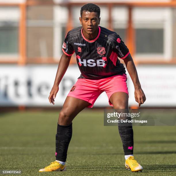 Brian Plat of Volendam looks on during the Pre-Season Friendly match between FC Volendam and Heracles Almelo at Kras Stadion on July 16, 2021 in...