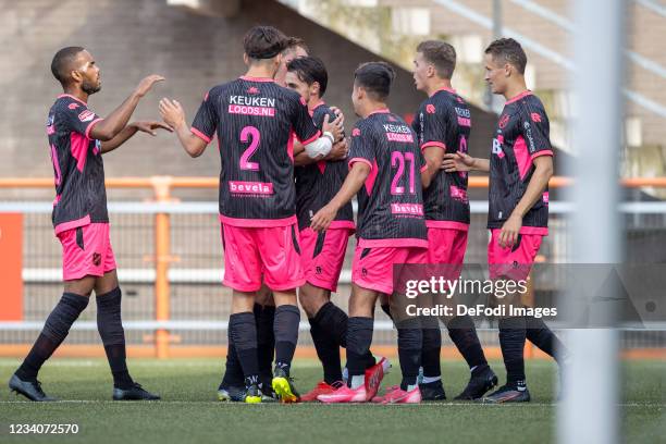 Daryl van Mieghem of Volendam celebrates after scoring his team's first goal with teammates during the Pre-Season Friendly match between FC Volendam...