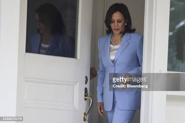 Vice President Kamala Harris arrives to greet King Abdullah II of Jordan at the Vice President's residence in Washington, D.C., U.S., on Tuesday,...