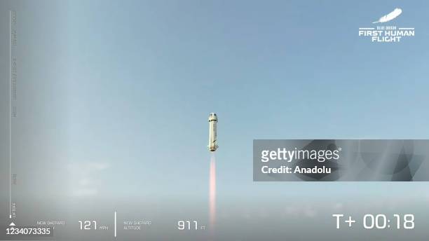 Blue Originâs New Shepard flies into space from the launch pad carrying Jeff Bezos along with his brother Mark Bezos, 18-year-old Oliver Daemen, and...