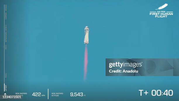 Blue Originâs New Shepard flies into space from the launch pad carrying Jeff Bezos along with his brother Mark Bezos, 18-year-old Oliver Daemen, and...