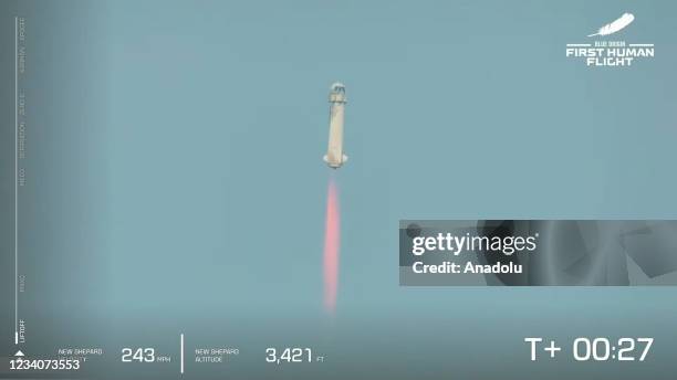 Blue Originâs New Shepard flies into space from the launch pad carrying Jeff Bezos along with his brother Mark Bezos, 18-year-old Oliver Daemen, and...