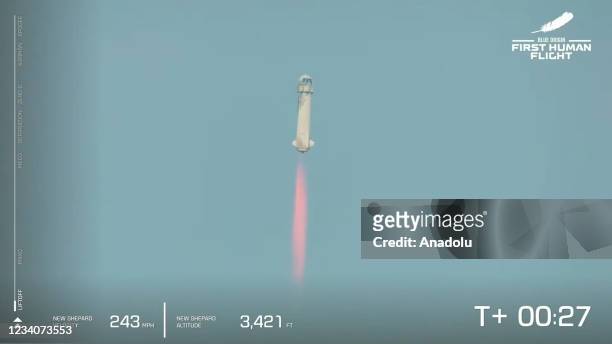Blue Originâs New Shepard flies into space from the launch pad carrying Jeff Bezos along with his brother Mark Bezos, 18-year-old Oliver Daemen, and...
