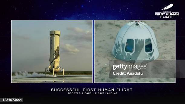 Blue Originâs New Shepard crew capsule lands on the end of its parachute system carrying Jeff Bezos along with his brother Mark Bezos, 18-year-old...