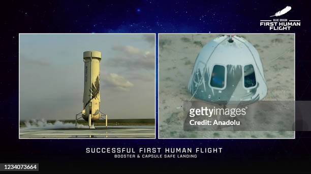 Blue Originâs New Shepard crew capsule lands on the end of its parachute system carrying Jeff Bezos along with his brother Mark Bezos, 18-year-old...